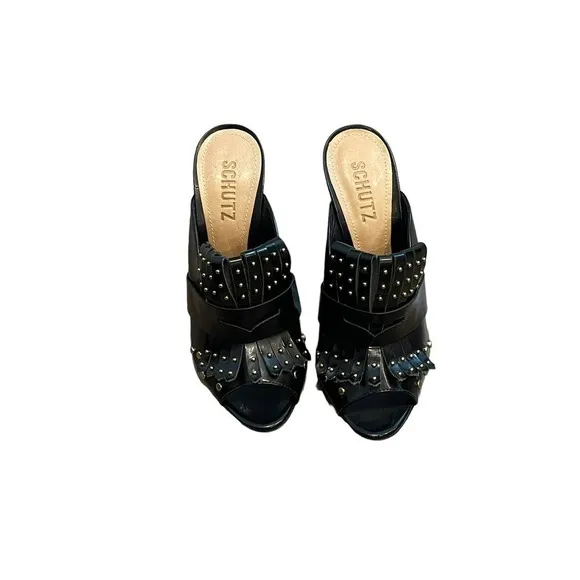 New Schutz Janny Open Toe Fashion Mules Party Shoes Black Women's Size US 6.5M