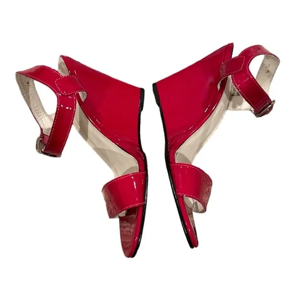 NEW STUART WEITZMAN RED PATENT LEATHER WEDGE ANKLE STRAP SANDAL SHOES 7.5