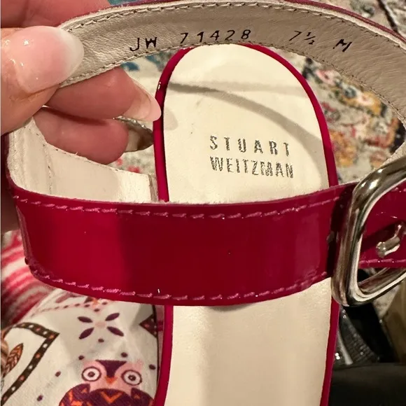 NEW STUART WEITZMAN RED PATENT LEATHER WEDGE ANKLE STRAP SANDAL SHOES 7.5