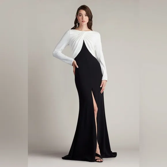 new Tadashi Shoji nelson long sleeve crepe gown in black and white