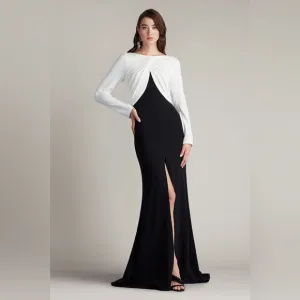 new Tadashi Shoji nelson long sleeve crepe gown in black and white