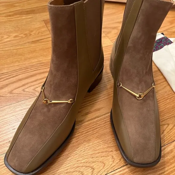 NEW Tory Burch Flat Brown Boots with Gold Chain - Size 11