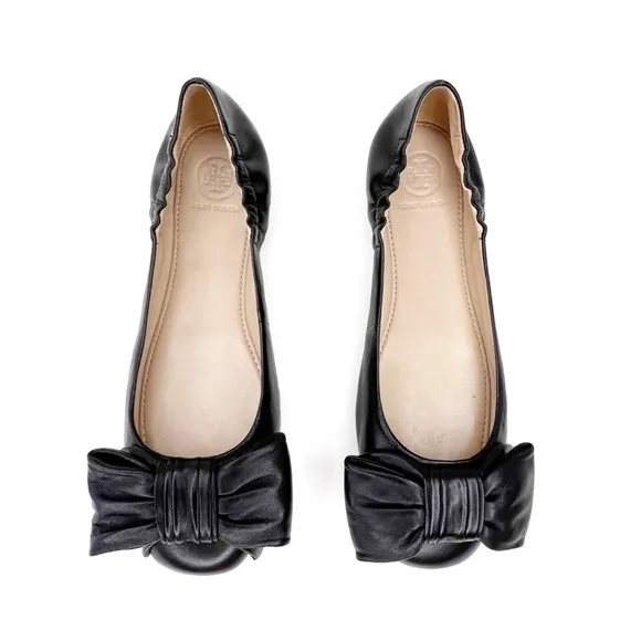 New Tory Burch Shoes Ballet Flats Divine Bow Black Leather Ballerina Size 6.5