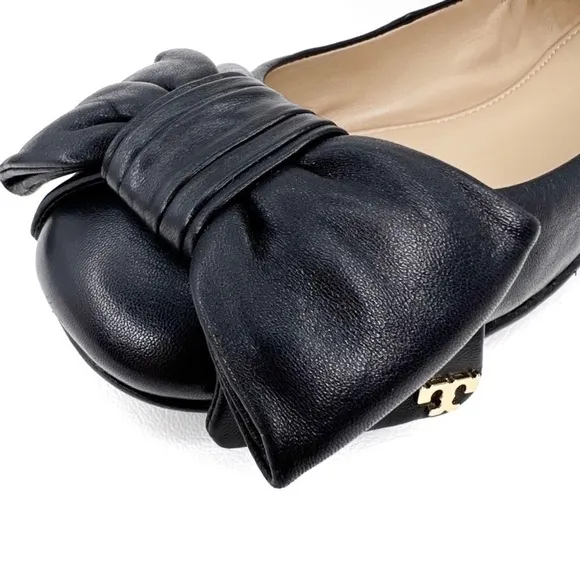 New Tory Burch Shoes Ballet Flats Divine Bow Black Leather Ballerina Size 6.5