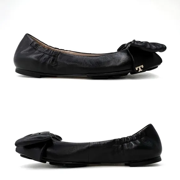 New Tory Burch Shoes Ballet Flats Divine Bow Black Leather Ballerina Size 6.5