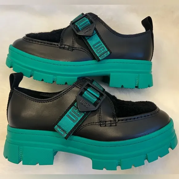 New! UGG Ashton Plush Leather/Wool Black/Green Lug Sole Shoes.