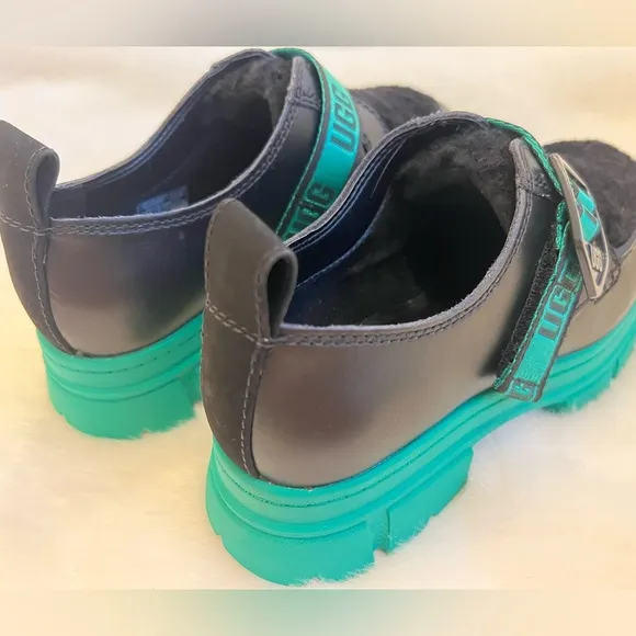 New! UGG Ashton Plush Leather/Wool Black/Green Lug Sole Shoes.