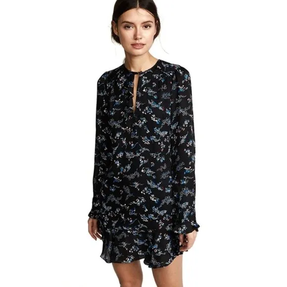 NEW Veronica Beard Black Navy Blue Floral Preston Long Sleeve Silk Dress Sz8