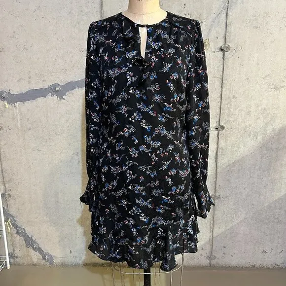 NEW Veronica Beard Black Navy Blue Floral Preston Long Sleeve Silk Dress Sz8