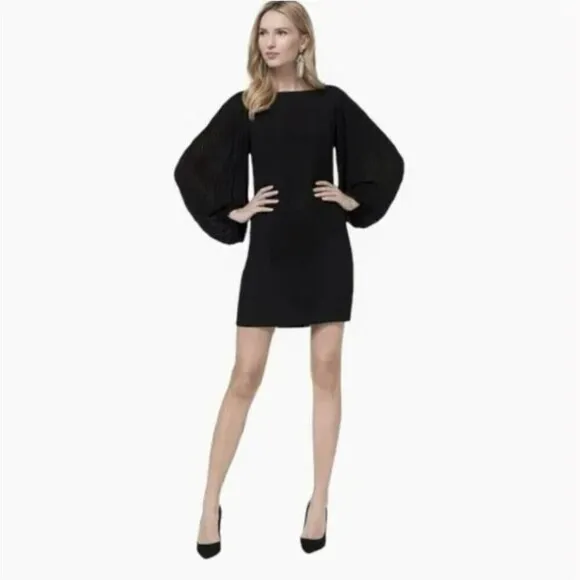 NEW White House Black Market Chiffon Balloon Sleeve Black Shift Dress Size 2