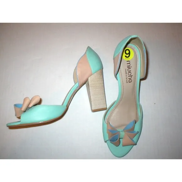New Womens 9 Miucha Brazil Leather Heels Shoes Aqua Teal Tan Sandal Open toe