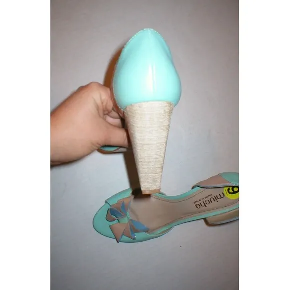 New Womens 9 Miucha Brazil Leather Heels Shoes Aqua Teal Tan Sandal Open toe