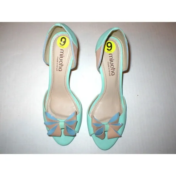 New Womens 9 Miucha Brazil Leather Heels Shoes Aqua Teal Tan Sandal Open toe
