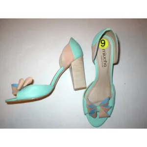 New Womens 9 Miucha Brazil Leather Heels Shoes Aqua Teal Tan Sandal Open toe