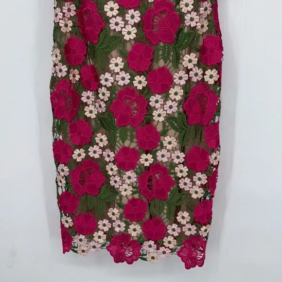 NEW XSCAPE Women's Short Sleeve Floral Print Lace Sheath Dress Pink Multi 4