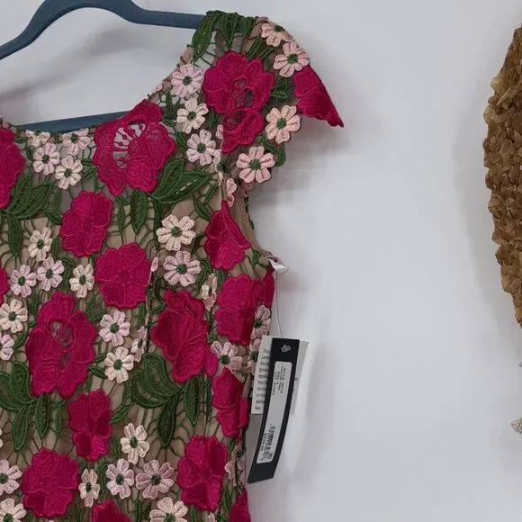 NEW XSCAPE Women's Short Sleeve Floral Print Lace Sheath Dress Pink Multi 4