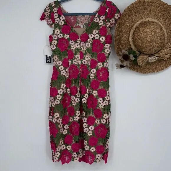NEW XSCAPE Women's Short Sleeve Floral Print Lace Sheath Dress Pink Multi 4