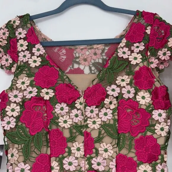 NEW XSCAPE Women's Short Sleeve Floral Print Lace Sheath Dress Pink Multi 4