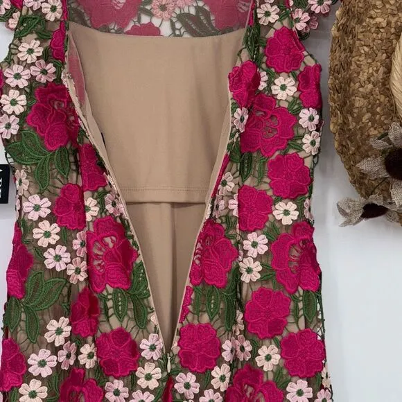 NEW XSCAPE Women's Short Sleeve Floral Print Lace Sheath Dress Pink Multi 4