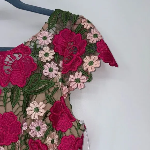 NEW XSCAPE Women's Short Sleeve Floral Print Lace Sheath Dress Pink Multi 4
