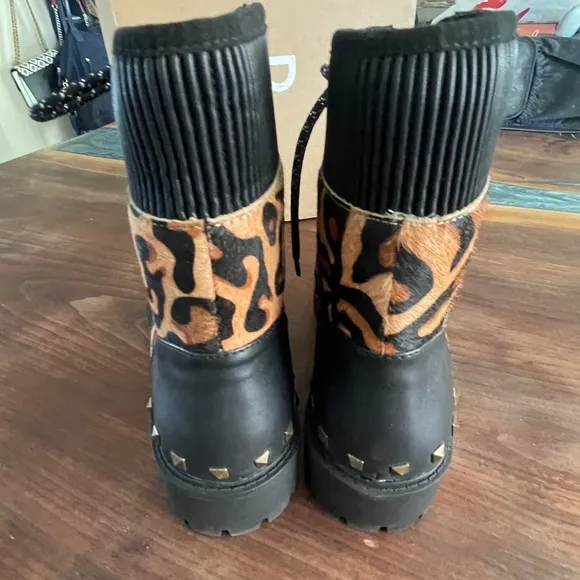 NIB Desigual Biker Leopard Print Army Chunky Leather Boots Style Womens Size 7.5