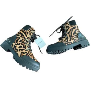 NIB Desigual Biker Leopard Print Army Chunky Leather Boots Style Womens Size 7.5