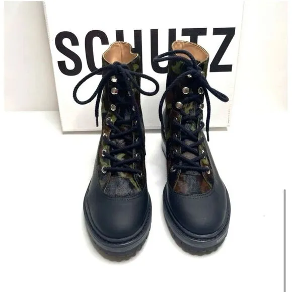 NIB SHUTZ JUNGLE ARMY MAFADA CALF HAIR LEATHER COMBAT BOOTS/BOOTIES SZ: 8