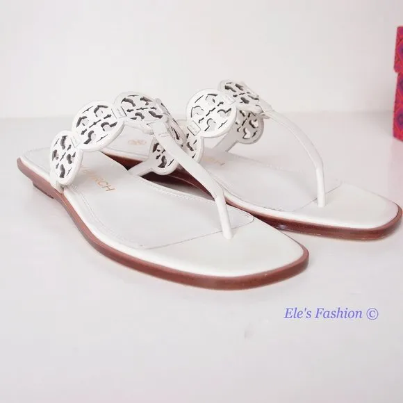 NIB Tory Burch Tiny Miller Logo Leather Thong Sandal Ivory US 7 8 8.5 9 9.5 10