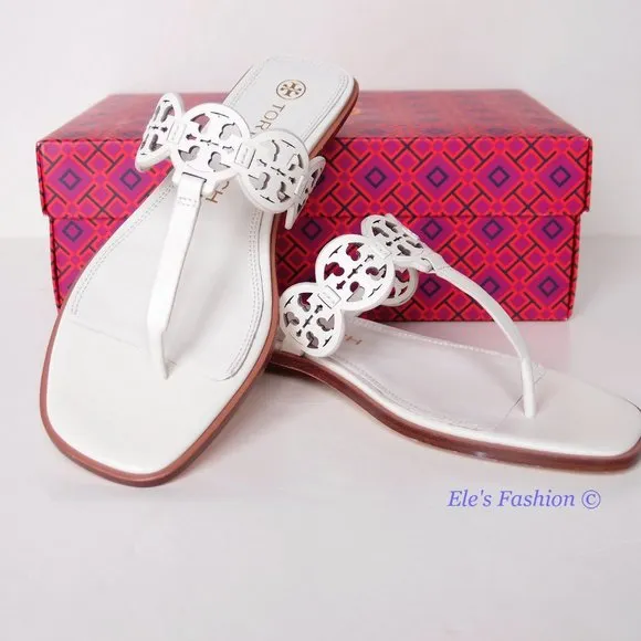 NIB Tory Burch Tiny Miller Logo Leather Thong Sandal Ivory US 7 8 8.5 9 9.5 10
