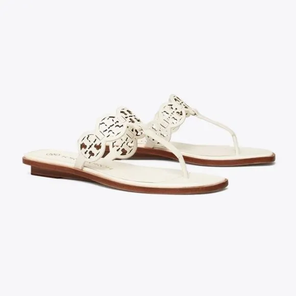 NIB Tory Burch Tiny Miller Logo Leather Thong Sandal Ivory US 7 8 8.5 9 9.5 10