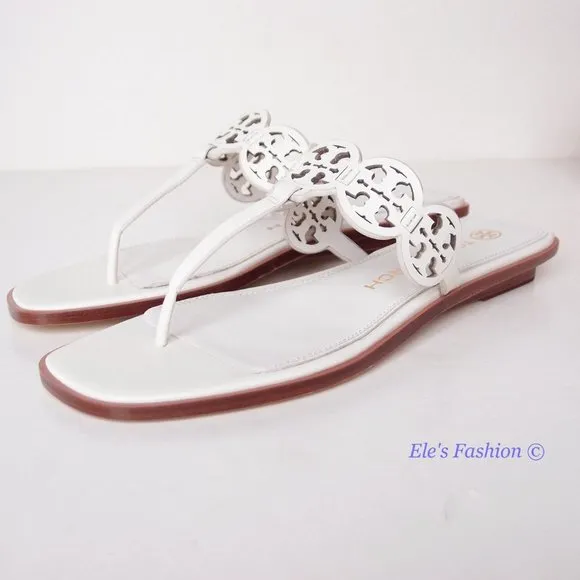 NIB Tory Burch Tiny Miller Logo Leather Thong Sandal Ivory US 7 8 8.5 9 9.5 10