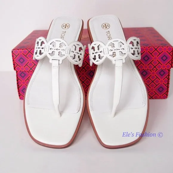 NIB Tory Burch Tiny Miller Logo Leather Thong Sandal Ivory US 7 8 8.5 9 9.5 10
