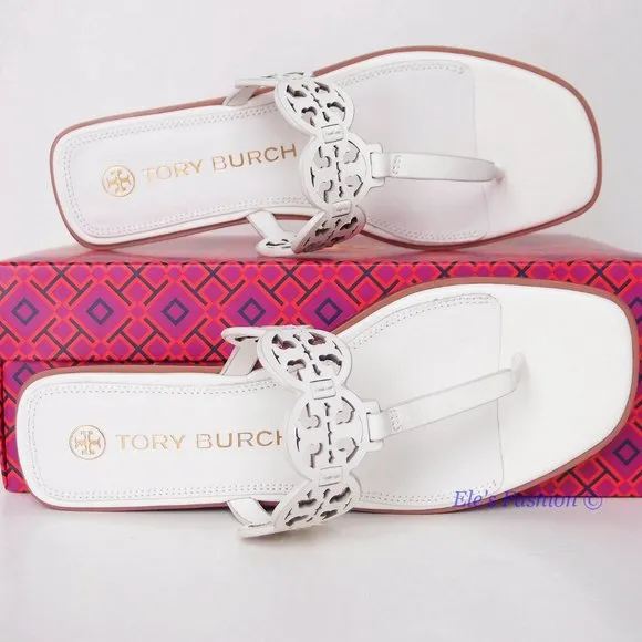 NIB Tory Burch Tiny Miller Logo Leather Thong Sandal Ivory US 7 8 8.5 9 9.5 10
