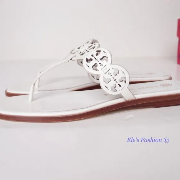 NIB Tory Burch Tiny Miller Logo Leather Thong Sandal Ivory US 7 8 8.5 9 9.5 10