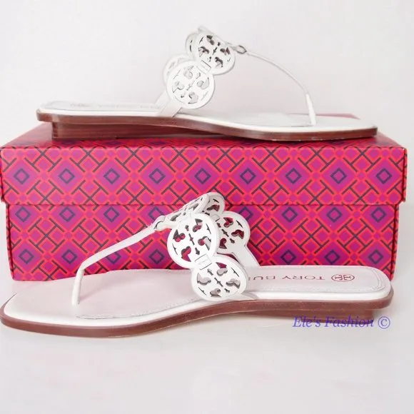 NIB Tory Burch Tiny Miller Logo Leather Thong Sandal Ivory US 7 8 8.5 9 9.5 10