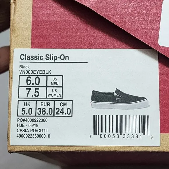 NIB VANS Classic Slip-On Black Shoes Men’s Size 6 Women's size 7.5