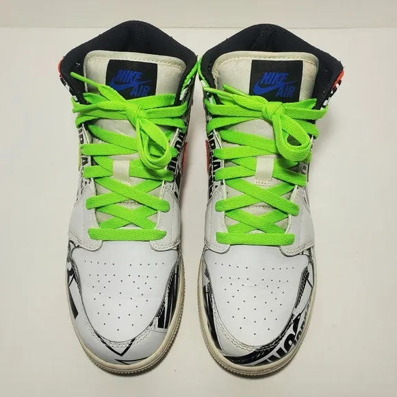 Nike Air Jordan 1 Mid GS All Over Logos 554725-143 White/Blk Youth 7 / Wmn's 8.5