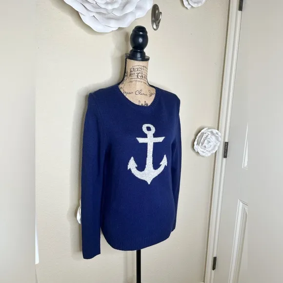 NTM: Vineyard Vines Nautical Anchor Navy &amp; White Lambswool,Cashmere Sweater Sz S