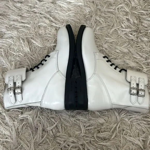 NWOB All Saints Brigade White Leather Buckle Lace Up Combat Boots sz 41/10-10.5