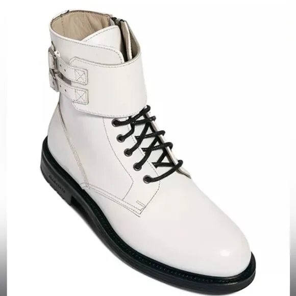 NWOB All Saints Brigade White Leather Buckle Lace Up Combat Boots sz 41/10-10.5
