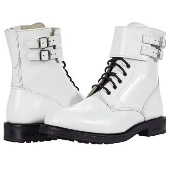 NWOB All Saints Brigade White Leather Buckle Lace Up Combat Boots sz 41/10-10.5