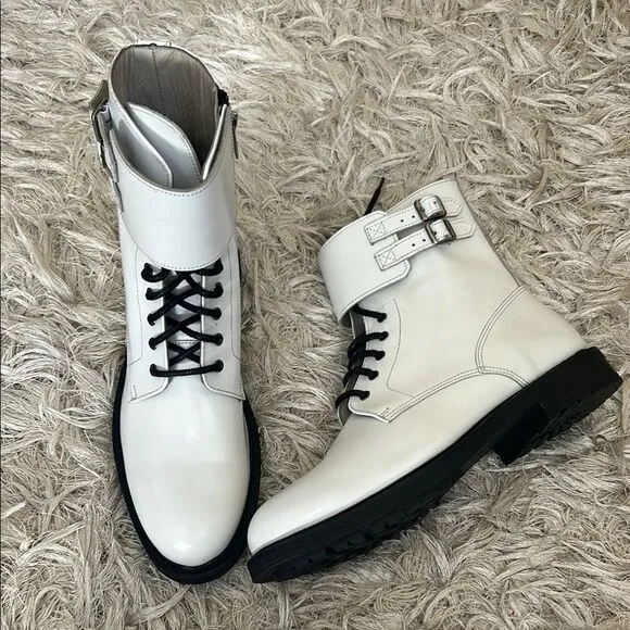 NWOB All Saints Brigade White Leather Buckle Lace Up Combat Boots sz 41/10-10.5