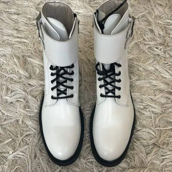 NWOB All Saints Brigade White Leather Buckle Lace Up Combat Boots sz 41/10-10.5
