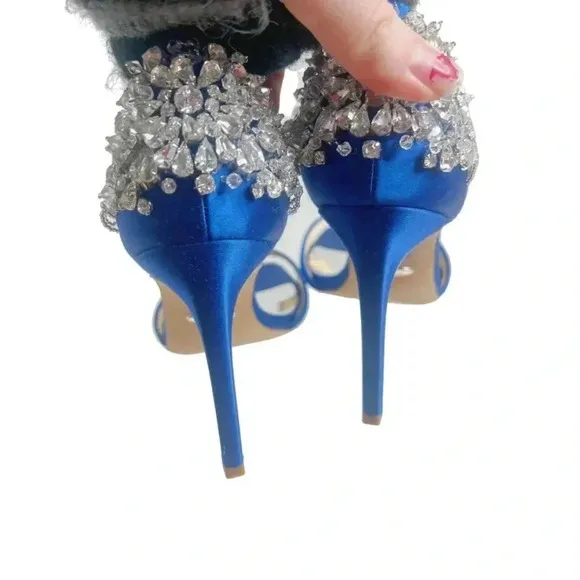 NWOT Badgley Mischka Blue Satin Crystal Encrusted Stilettos Square Toe Size 6.5