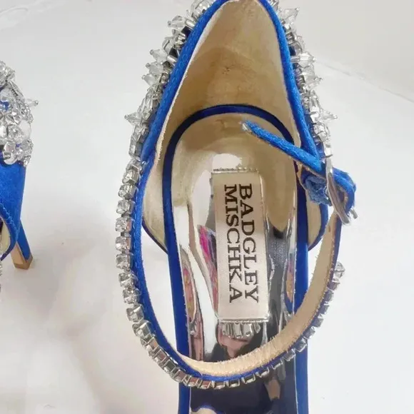NWOT Badgley Mischka Blue Satin Crystal Encrusted Stilettos Square Toe Size 6.5