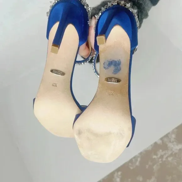 NWOT Badgley Mischka Blue Satin Crystal Encrusted Stilettos Square Toe Size 6.5