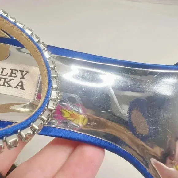 NWOT Badgley Mischka Blue Satin Crystal Encrusted Stilettos Square Toe Size 6.5