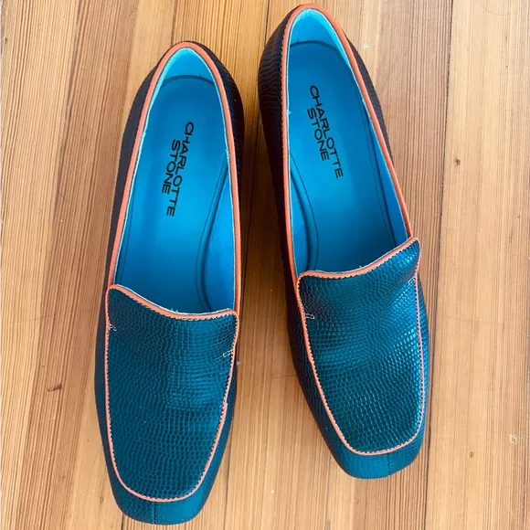NWOT Charlotte Stone Blue and Orange Slip-On Loafers