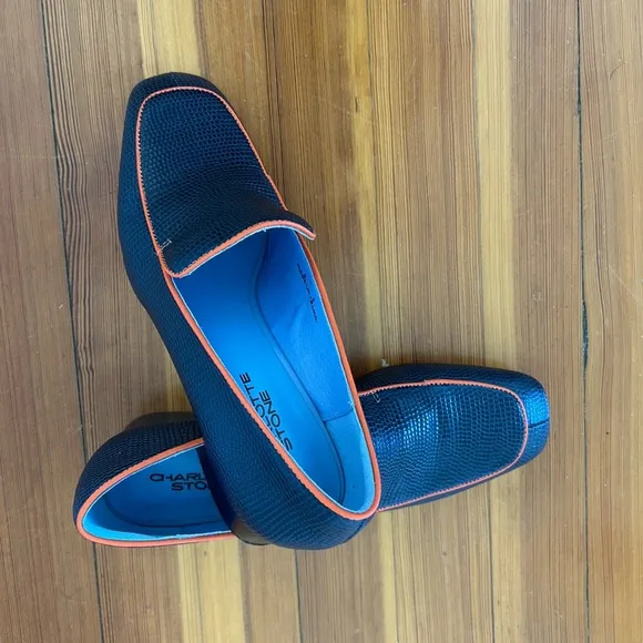 NWOT Charlotte Stone Blue and Orange Slip-On Loafers