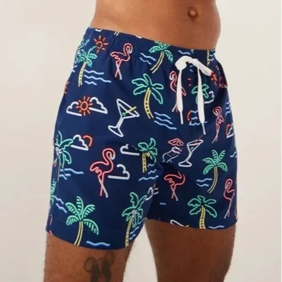 NWOT Chubbies Men's M Neon Lights 4.5-5&quot; Classic Swim Trunk Navy Graphic Print